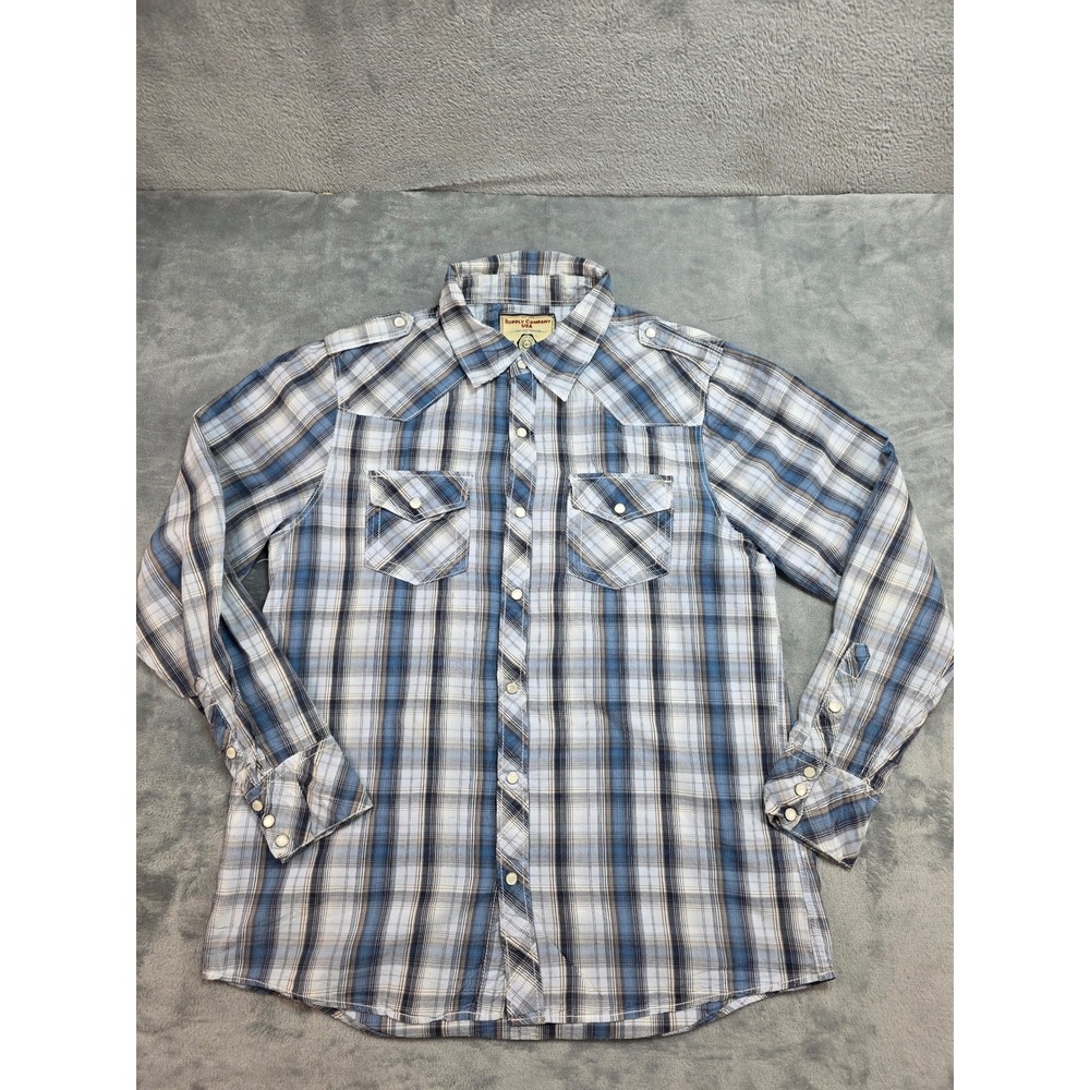 Supply Company USA Mens Blue Plaid Western Pearl Snap Shirt Long Sleeve Large